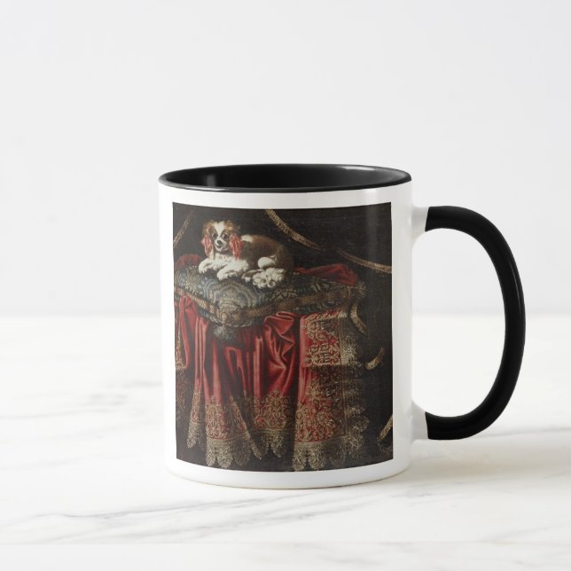 A spaniel seated on an embroidered cushion mug (Right)