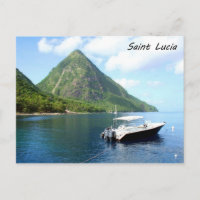 A speedboat in front of the Pitons in Saint Lucia