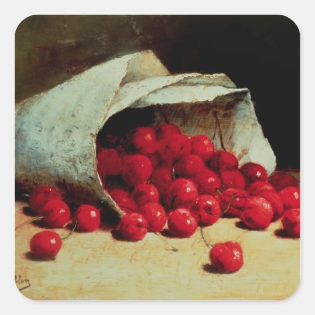 A spilled bag of cherries square sticker (Front)