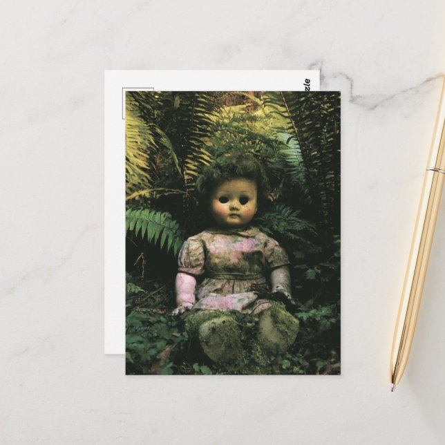 A spooky abandoned doll in the forest postcard (Front/Back In Situ)