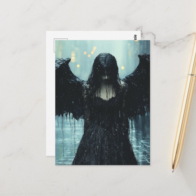 A Spooky Dark Angel in Rain Fantasy Postcard (Front/Back In Situ)