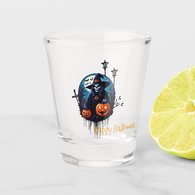 A spooky Halloween scene Shot Glass (Front)