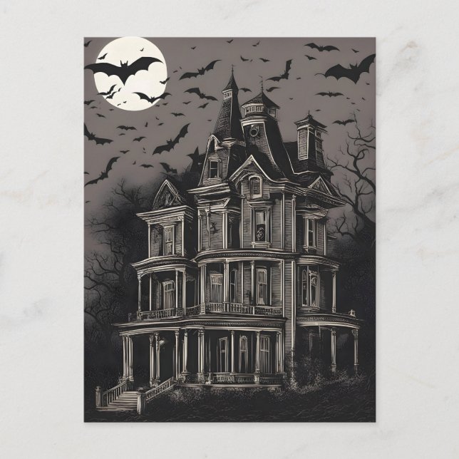 A Spooky Haunted House with Bats Flying Around Holiday Postcard (Front)