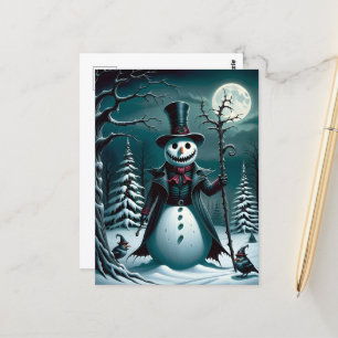 A Spooky Snowman with Birds Postcard