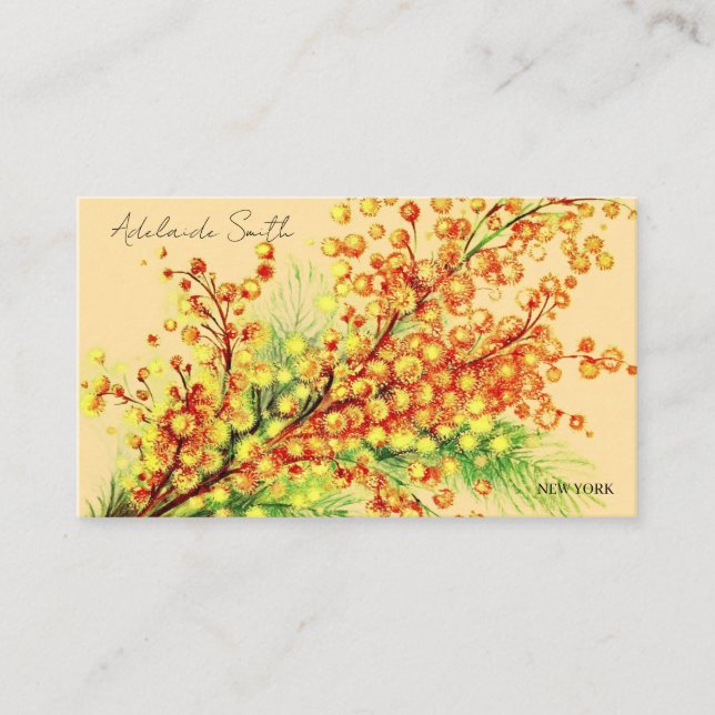 a spring branch of mimosa, bright, yellow business card (Front)