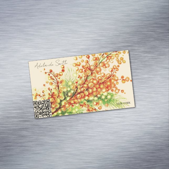 a spring branch of mimosa, bright, yellow magnetic business card (In Situ)