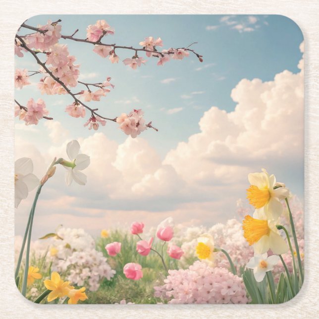 A Spring Floral Background Square Paper Coaster (Front)
