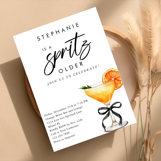 A Spritz Older Orange Cocktail Black Bow Birthday Invitation (Creator Uploaded)