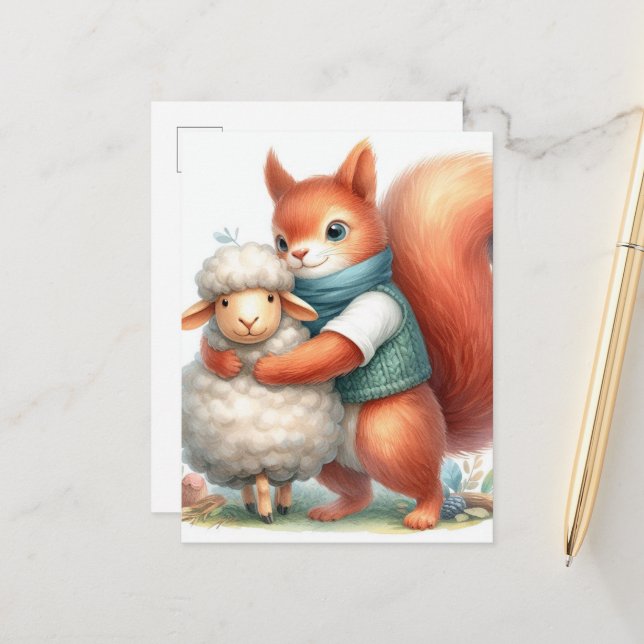 A Squirrel Hugs a Sheep Postcard (Front/Back In Situ)