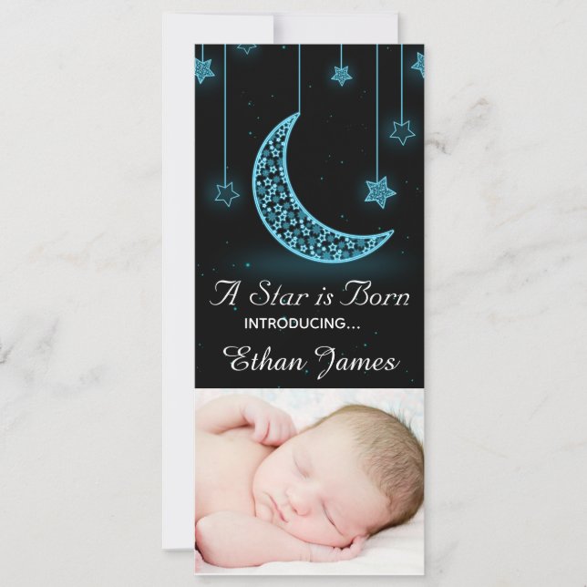 A Star is Born Moon and Stars Custom Birth Announcement (Front)