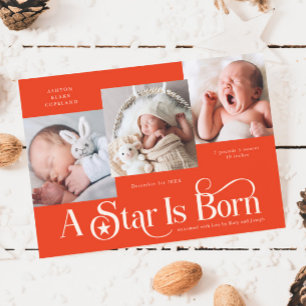 A Star Is Born Xmas Retro Red Birth Announcement