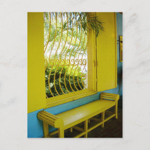 A stark contrast of yellow and blue postcard