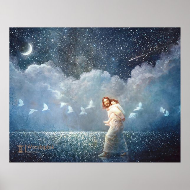 A Starry Night and Christ, Modern Christian Art Poster (Front)