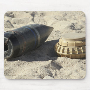 A static display of a converted ordnance shell mouse pad