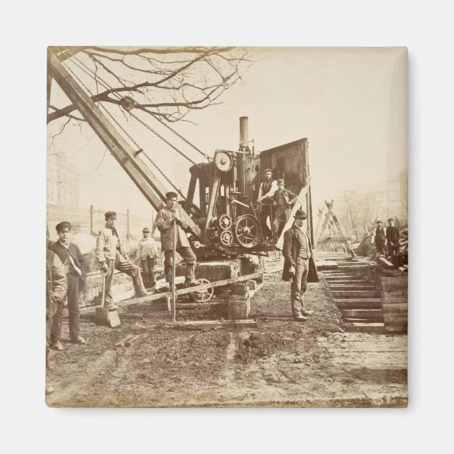 A steam crane in operation during the building of magnet (Front)