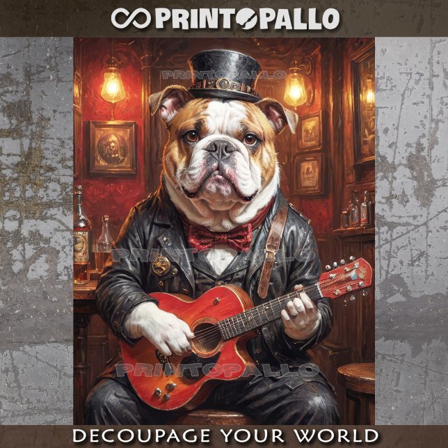 A steampunk bulldog playing guitar in pub -  tissue paper (Creator Uploaded)