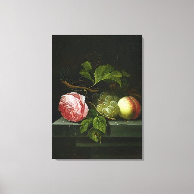 A Still Life with a Rose, Grapes and Peach Canvas Print (Front)