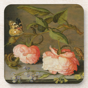 A Still Life with Roses on a Ledge Coaster