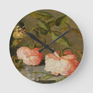 A Still Life with Roses on a Ledge Round Clock