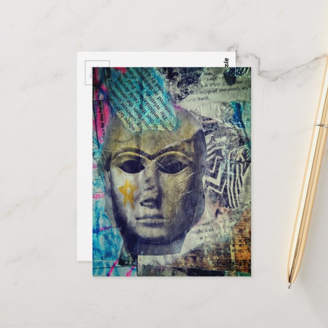 A stone lady face Abstract Mixed Media Collage Postcard (Front/Back In Situ)