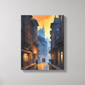 a street with buildings and people walking on it canvas print