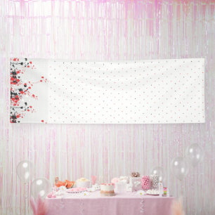 A striking blue and pink floral motif contrasted a banner