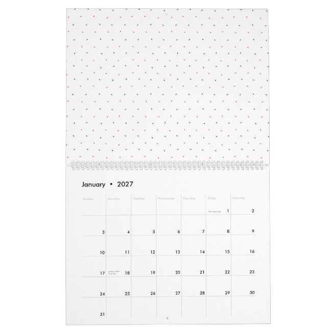 A striking blue and pink floral motif contrasted a calendar (Jan 2027)