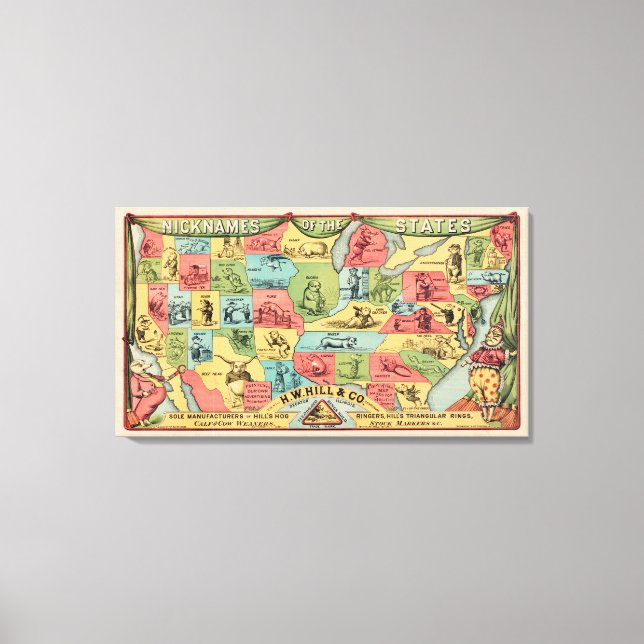 A Stylised Map Of The United States With Nicknames Canvas Print (Front)