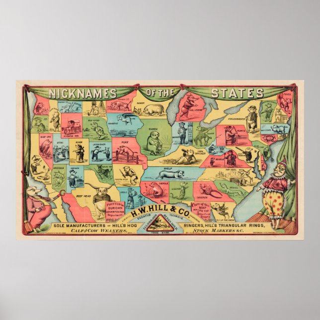 A Stylised Map Of The United States With Nicknames Poster (Front)