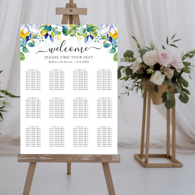 A stylish floral yellow blue wedding seating chart (Creator Uploaded)