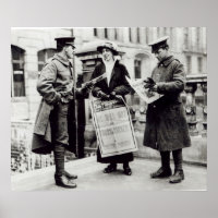 A Suffragette selling newspapers to two