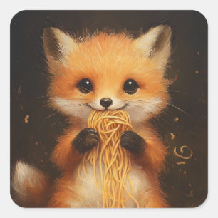 A super cute baby red fox eating spaghetti square sticker