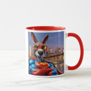 A super hero kangaroo watches over the city. mug