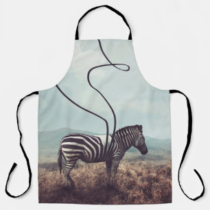 A surreal image of a zebra and two of its black st apron