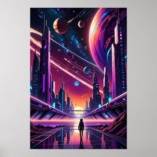 A Surreal Sunset Over the Futuristic Cityscape Poster (Front)