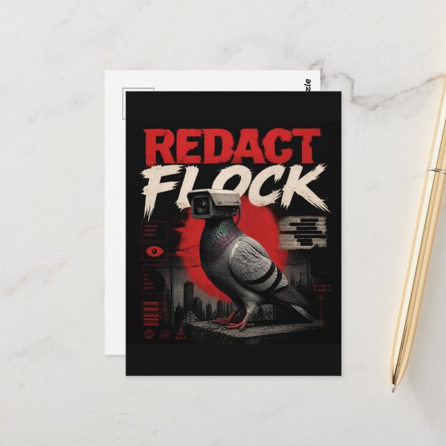 A surreal surveillance camera pigeon redact flock postcard (Front/Back In Situ)