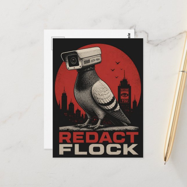 A surreal surveillance camera pigeon redact postcard (Front/Back In Situ)