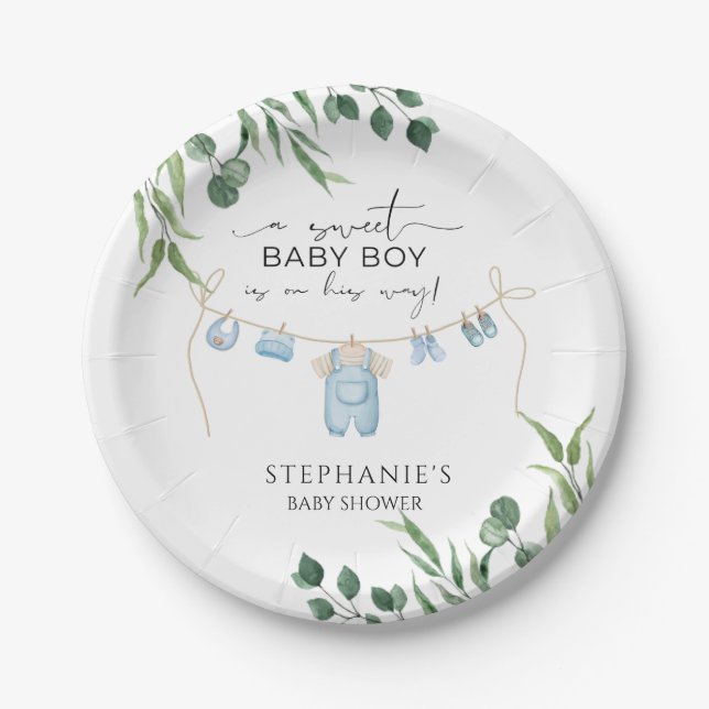 A sweet baby boy is on his way Laundry Blue Paper Plate (Front)