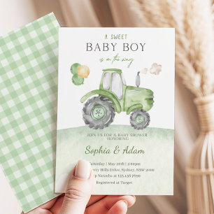 A Sweet Baby Boy Is On The Way Tractor Baby Shower Invitation