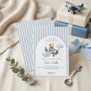 A Sweet Baby Boy Teddy Bear Vintage Blue Aeroplane Invitation