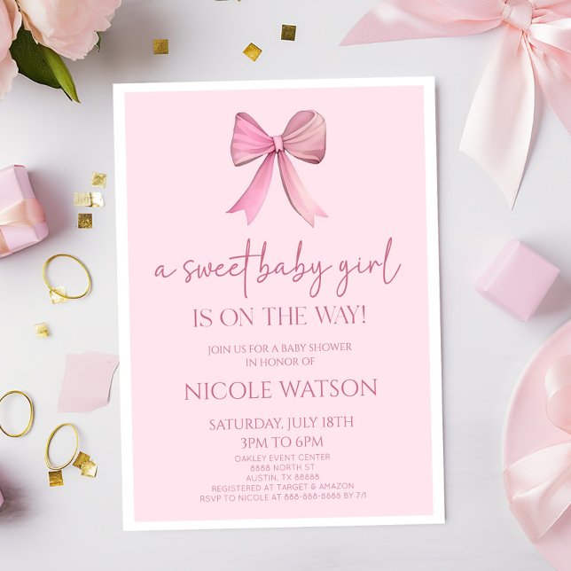 A Sweet Baby Girl Pink Bow Baby Shower Invitation (Creator Uploaded)