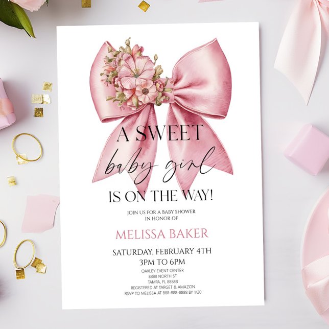 A Sweet Baby Girl Pink Floral Bow Baby Shower Invitation (Creator Uploaded)