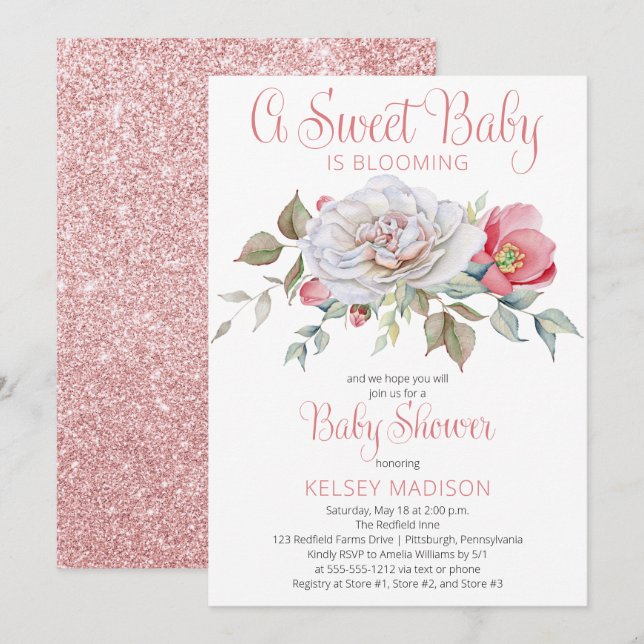 A Sweet Baby Is Blooming Pink Girl Baby Shower Invitation (Front/Back)