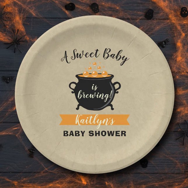 A Sweet Baby Is Brewing Halloween Baby Shower Paper Plate (Creator Uploaded)