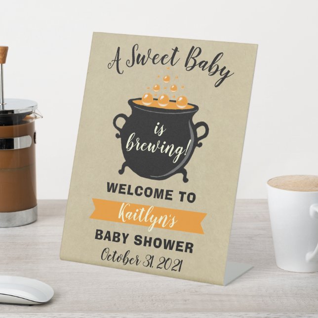 A Sweet Baby Is Brewing Halloween Baby Shower Pedestal Sign (In SItu)