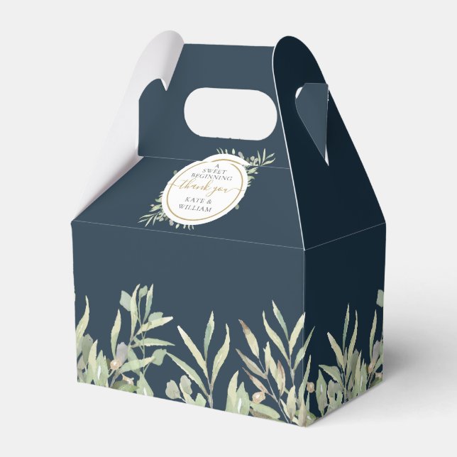 A Sweet Beginning Deep Sea Blue Greenery Wedding Favour Box (Front Side)