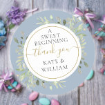 A Sweet Beginning Dusty Blue Greenery Wedding  Classic Round Sticker<br><div class="desc">Featuring delicate watercolor greenery leaves on a dusty blue background,  this chic botanical thank you sticker can be personalised with your special wedding day message and names. Designed by Thisisnotme©</div>