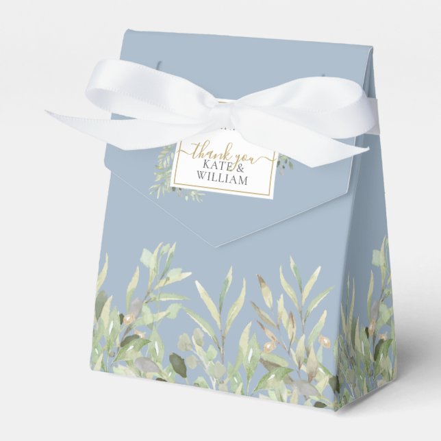 A Sweet Beginning Dusty Blue Greenery Wedding Favour Box (Front Side)