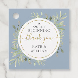 A Sweet Beginning Gold Dusty Blue Greenery Wedding Favour Tags