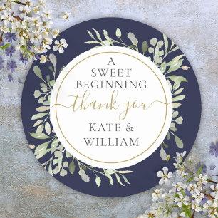 A Sweet Beginning Navy Blue Greenery Wedding  Classic Round Sticker